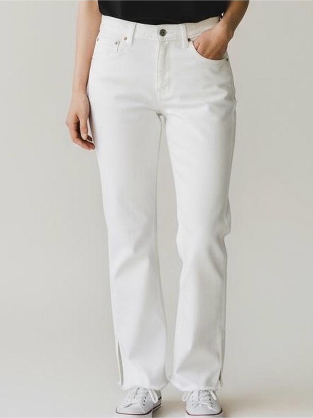 GRLFRND women’s high rise boot cut with slit white denim jean